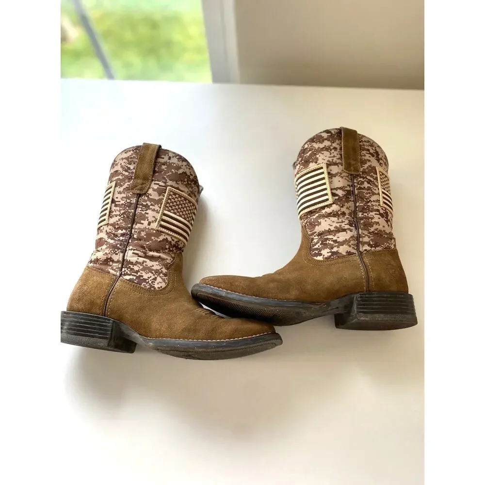 Ariat Men's Sport Patriot Mocha Suede & Sand Camo American Flag Western Boots 8D